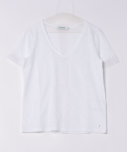 Desigual tシャツ 透かし編み Vラインデコルテ Tシャツ
