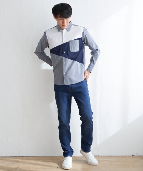 2色 メンズ シャツ ほつれ カラーブロック 切替 デニム しゃれ感 osharewalker シャツ メンズ ユニセックス トップス 長袖 襟付き