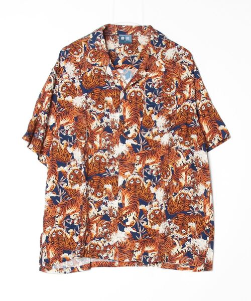 アロハ＋ボーリングシャツ　ハンドメイド　和柄「龍虎」 龍虎 和柄アロハシャツ 刺青 入れ墨 派手 ブラック XL カラフル
