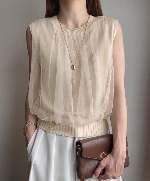 極美品★エストネーション 24SS チュールドッキングノースリーブニット カーキ FILLOU ニット セーター チュールドッキングノースリーブニット