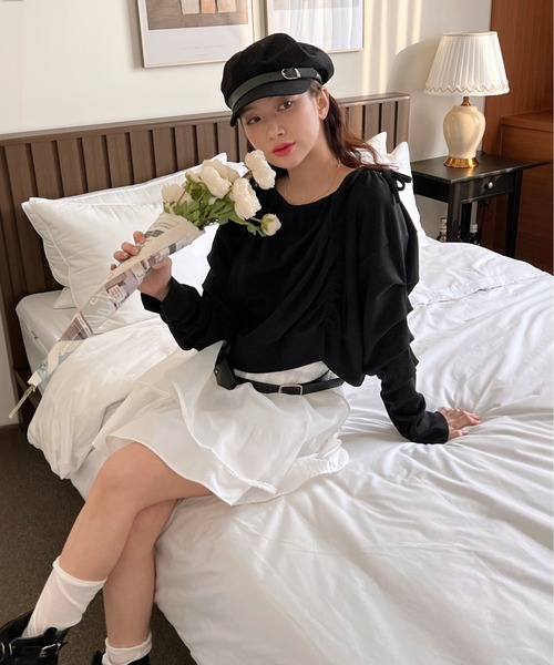 トレーナー スウェット リボンストリングシャーリングスウェット レディース by muni:r トレーナー スウェット リボンストリングシャーリング