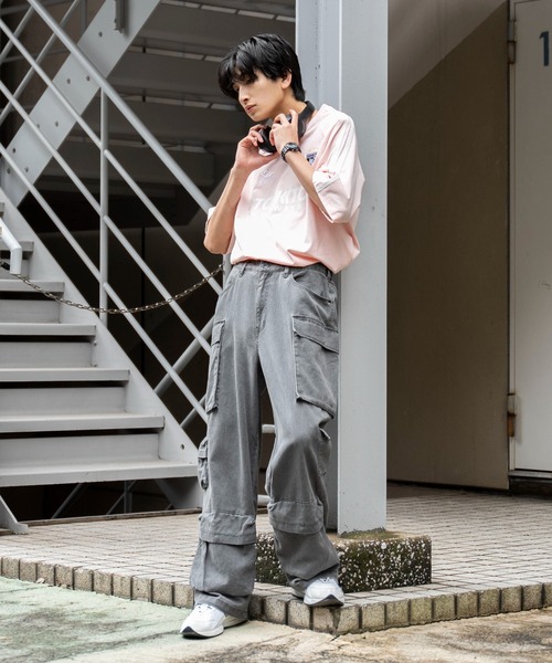 パンツ カーゴパンツ ウォッシュデニム マルチポケット ワイド セール】マルチポケット ウォッシュ加工ワイドデニムカーゴ