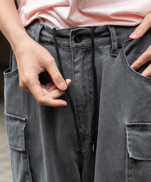 PEOPLESTYLEカーゴパンツ マルチポケット ハイウエスト 男女兼用 セール】Multi-pocket denim duck cargo pants / マルチポケット