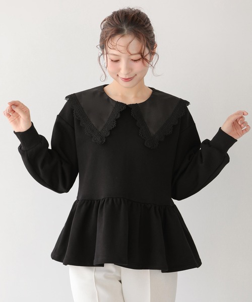 【新品未使用】フイットモア fitmore レース 襟 ペプラム スウェット 黒 Fit more（フィットモア） トレーナー スウェット レース襟ペプラム