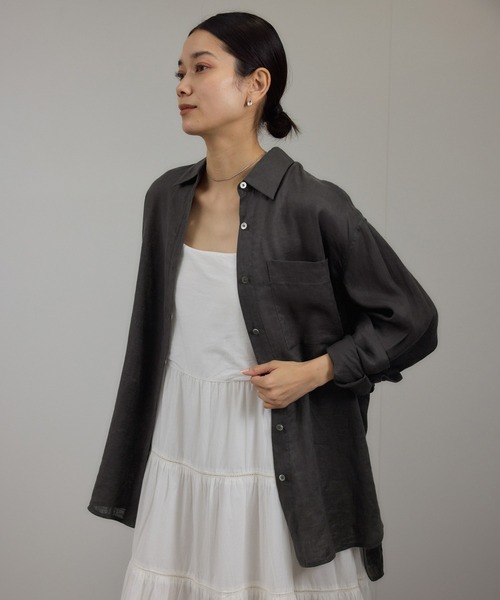 Cloth&Clost ロングリネンシャツ OVERSIZED GRANDAD-COLLAR LINEN SHIRT オーバーサイズ グラン