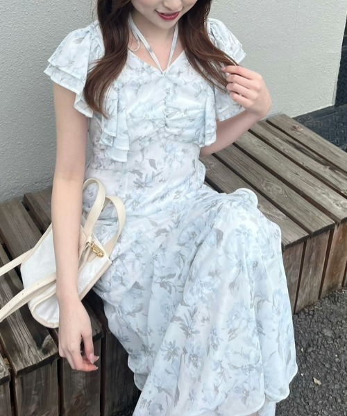 セール】フリルフラワーロングワンピース 夏服 半袖（ワンピース
