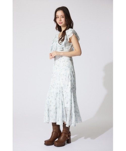 rienda ワンピース フリルフラワーロングワンピース 夏服 半袖
