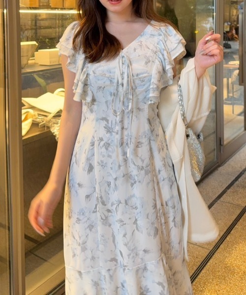 rienda ワンピース フリルフラワーロングワンピース 夏服 半袖