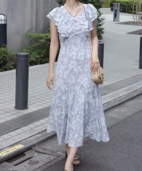 rienda フリルフラワーロングワンピース 夏服 半袖 セール】フリルフラワーロングワンピース 夏服 半袖（ワンピース