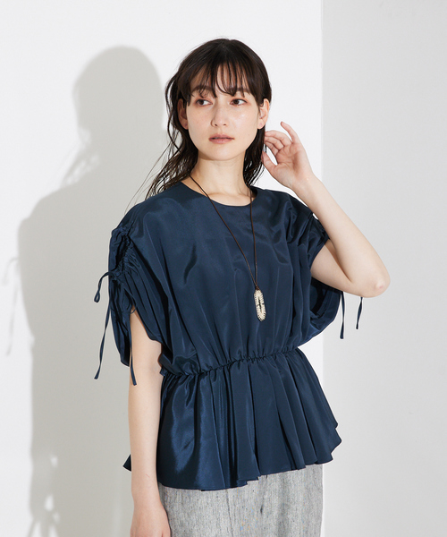 ブラウス シャツ ボリュームギャザータックTOP/オフィスカジュアル/夏服/二の腕カバー/パフスリーブ/リボン レディース