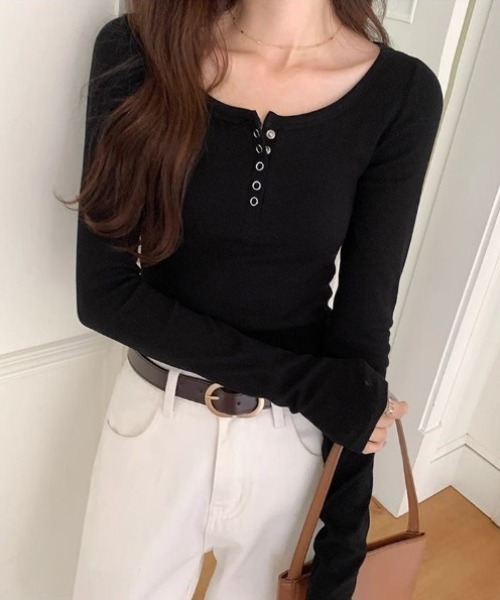 tシャツ ヘンリーネックリブロングTシャツ レディース : ZOZOTOWN