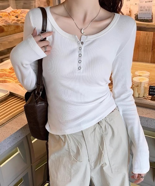 tシャツ ヘンリーネックリブロングTシャツ レディース : ZOZOTOWN