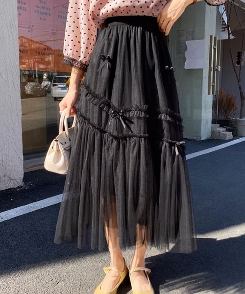 shoppinggo スカート チュールスカート リボンモチーフ フレアスカート