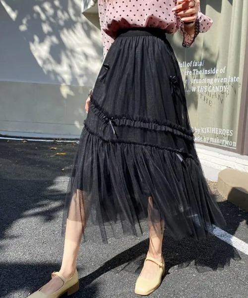 shoppinggo スカート チュールスカート リボンモチーフ フレアスカート