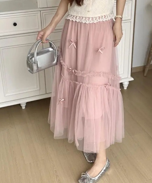 shoppinggo スカート チュールスカート リボンモチーフ フレアスカート