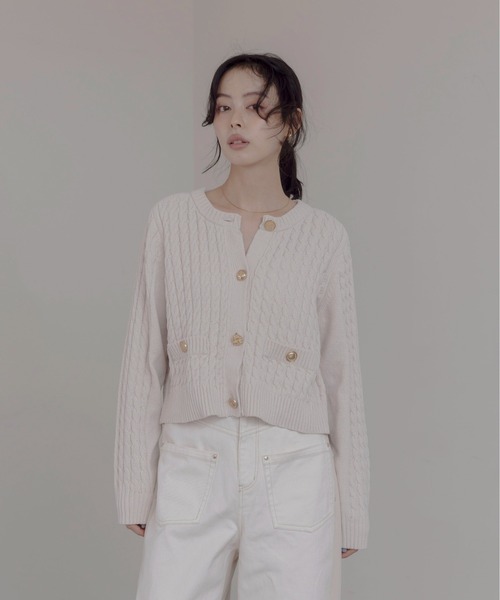 Eimee Law（エイミーロウ） カーディガン MIX釦 ケーブルモールニット