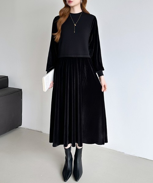 COCOMOMO ワンピース ニットベストドッキングベロアワンピース ベロア