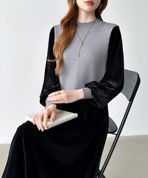 COCOMOMO ワンピース ニットベストドッキングベロアワンピース ベロア