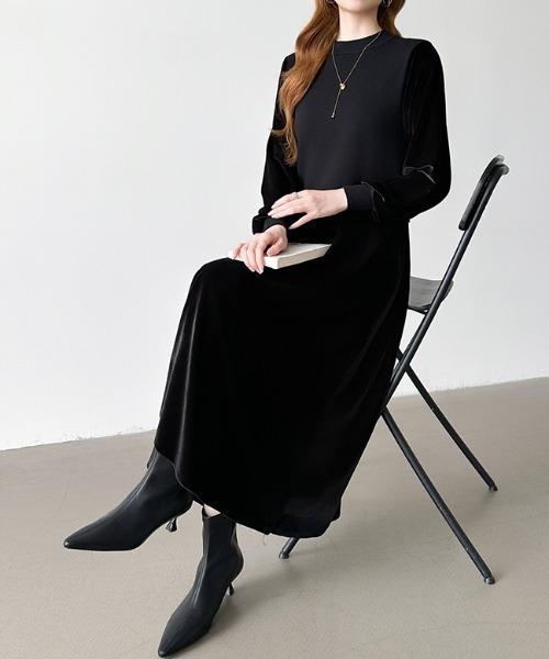 COCOMOMO ワンピース ニットベストドッキングベロアワンピース ベロア