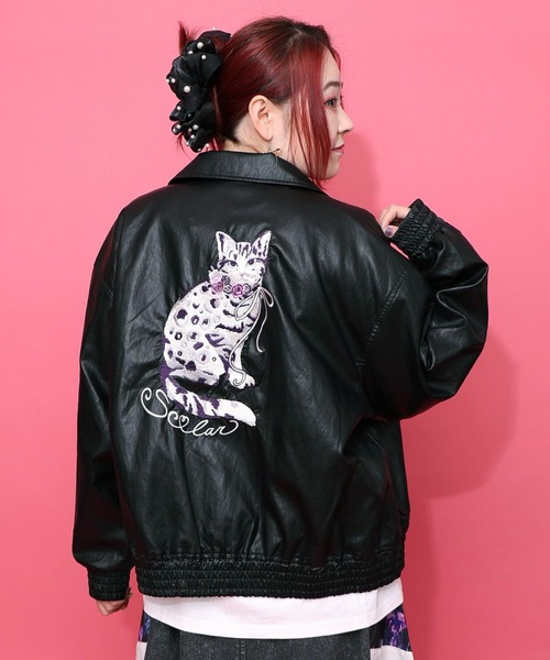 ScoLar（スカラー） ブルゾン アウター ネコ刺繍フェイクレザー×裏地