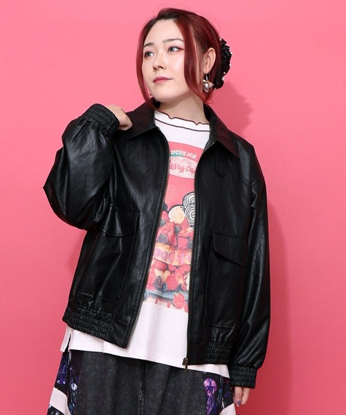 ScoLar（スカラー） ブルゾン アウター ネコ刺繍フェイクレザー×裏地