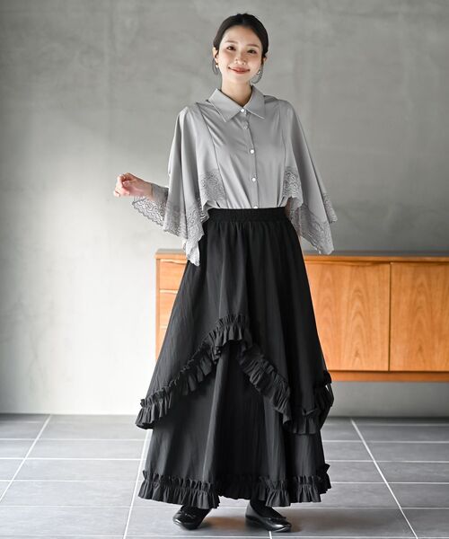 wonnyribbon ブラックフリルスカート　S r・p・s（アールピーエス） スカート フリルアシメトリーレイヤー