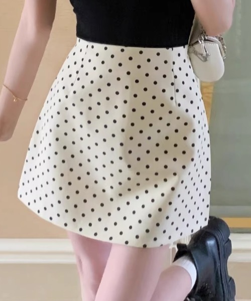 スカート 夏 「インパン付き」ドット柄台形Aラインミニスカート