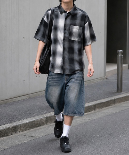 シャツ 半袖 「70」オンブレチェック ルーズフィット レギュラーカラー