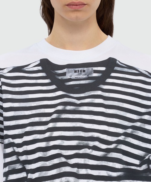 tシャツ ストライプトロンプルイユ Tシャツ レディースの画像