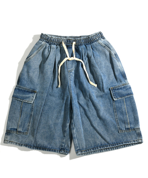 NECOYEP デニムハーフパンツ ルーズフィットジーンズ ショーツ ジーンズ 12ozオーバーダイデニムワイドハーフパンツ/デニム