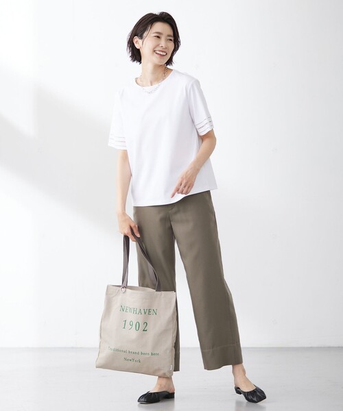 tシャツ 「接触冷感・UVケア」コンパクトコットンスムース 刺繍スリーブ カットソー レディース J.PRESS tシャツ 「接触冷感・UVケア」コンパクトコットン