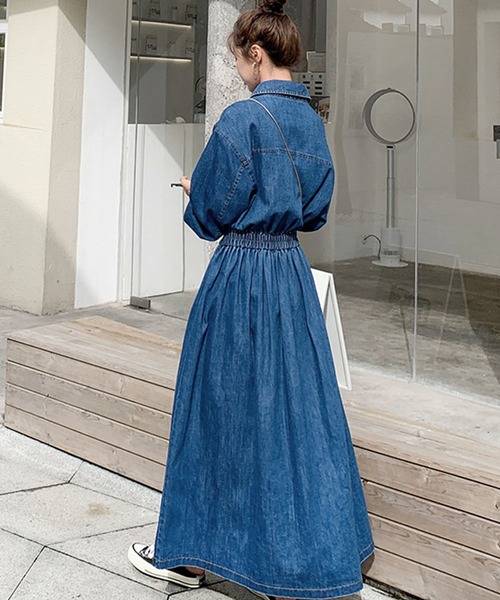 MILAE シャツワンピース ウエストマークデニムシャツロングワンピース