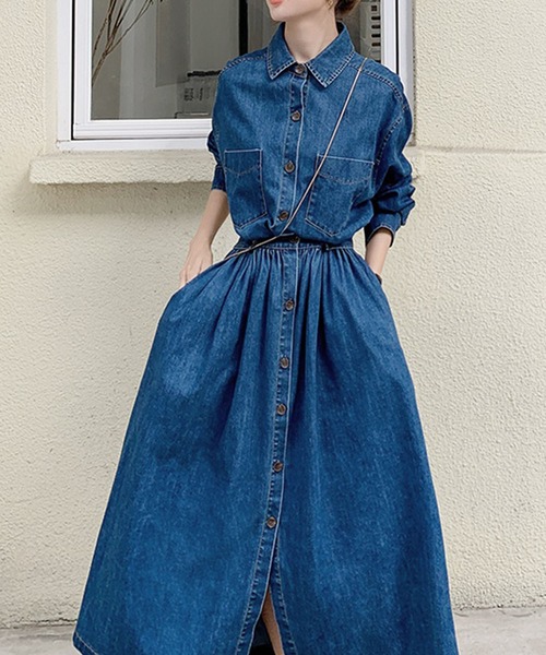 MILAE シャツワンピース ウエストマークデニムシャツロングワンピース