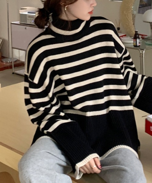 ニット セーター 太ボーダー×小ボーダータートルオーバーサイズニット レディース ニット セーター 太ボーダータートルネックニットプルオーバー