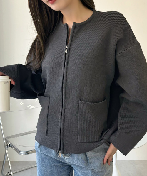 Ada. ブルゾン アウター ポケット付き ジップ ニット レディース