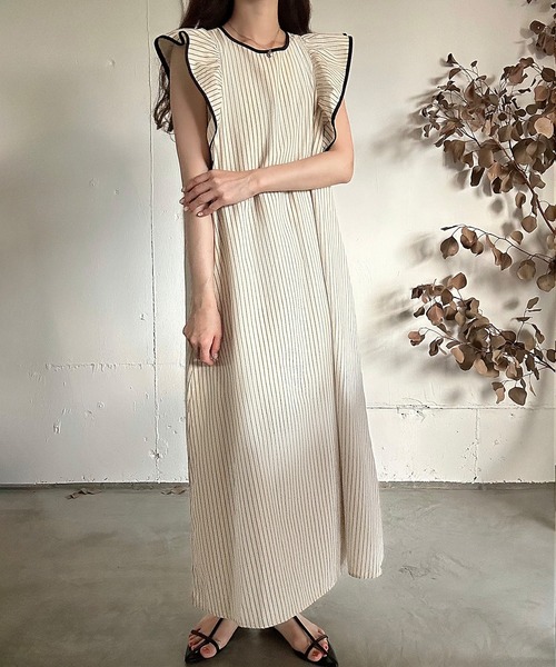 LAUIR ワンピース バイカラーフリルストライプワンピース「一部