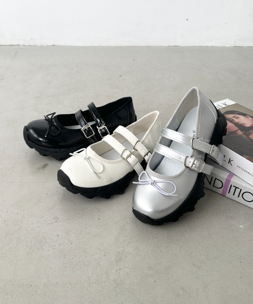 クレッシェント　バレリーナ　レザー　ダブルストラップ　厚底シューズ クレッシェント バレリーナ レザー ダブルストラップ 厚底シューズ