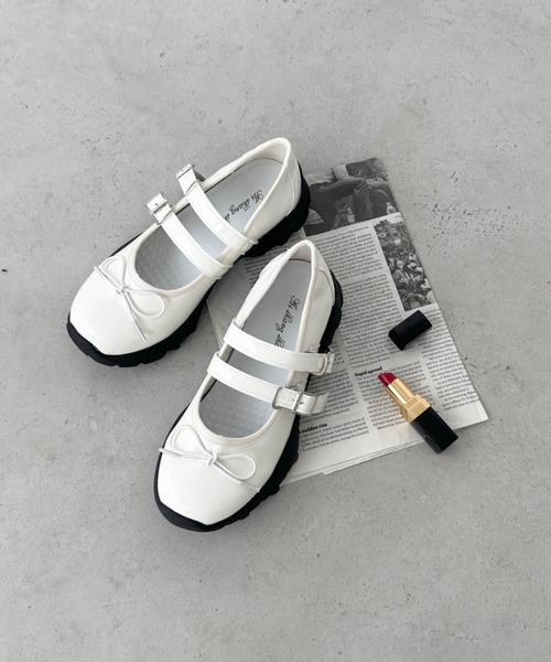 クレッシェント　バレリーナ　レザー　ダブルストラップ　厚底シューズ クレッシェント バレリーナ レザー ダブルストラップ 厚底シューズ
