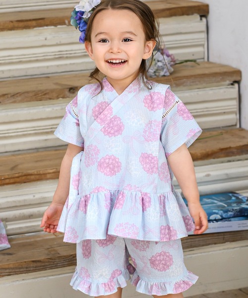 浴衣フリルと甚平ハンドメイド panpantutu 浴衣 フリル甚平セットアップ キッズ 子供 女の子
