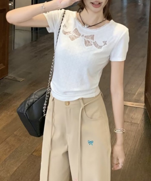 lilful tシャツ レースリボン UネックリブピチT 透け感