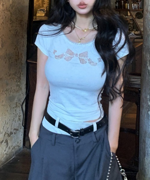 tシャツ レースリボンユニフォームTシャツ レディース lilful tシャツ レースリボン UネックリブピチT 透け感