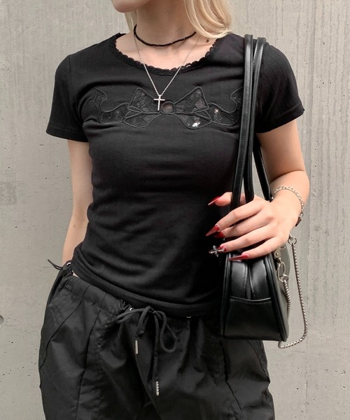 tシャツ フレンチリボントップス レディース LADY LIKE tシャツ 「春夏新作」サテンリボンレイヤー風トップス