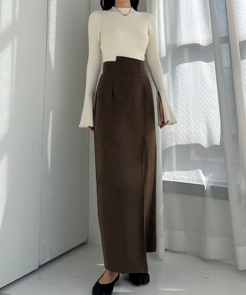 Louere（ルエレ） スカート 裏起毛ヘリンボーンタイトラップ風スカート