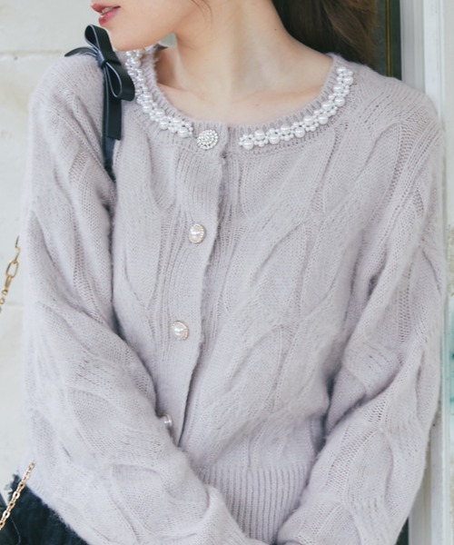 ニット セーター パール釦カーディガン レディース tocco closet ニット セーター パール付きビジュー釦ケーブル
