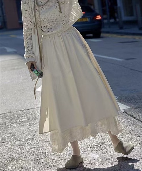 FREE STYLISTS スカート サイドリボン 裾綿レース ロングスカート