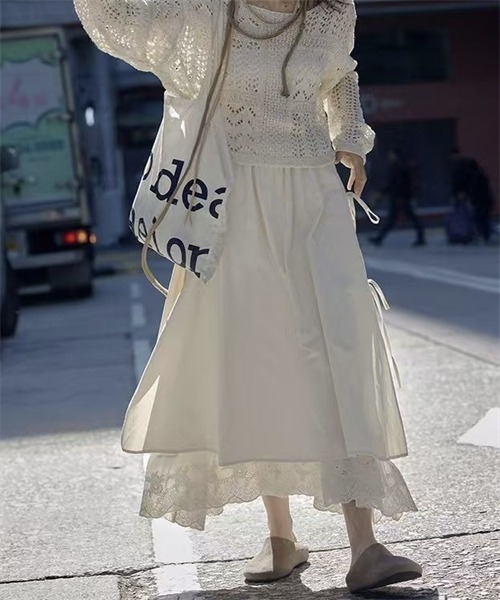 FREE STYLISTS スカート サイドリボン 裾綿レース ロングスカート