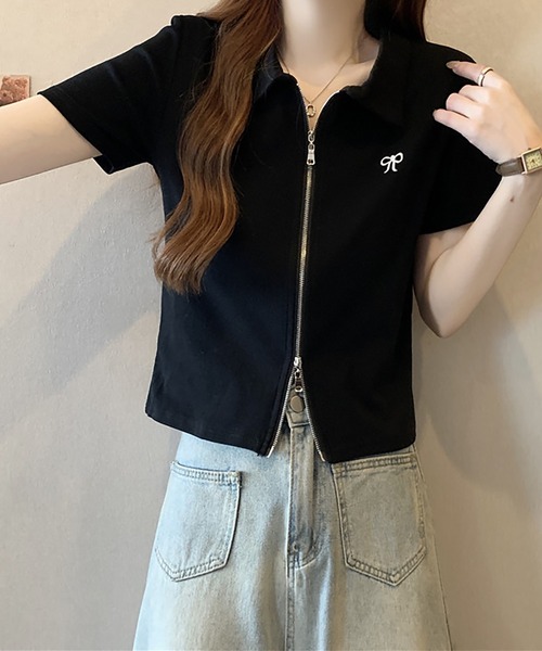 カーディガン リボン刺繍ダブルジップカーディガン レディース カーディガン リボン刺繍ダブルジップ半袖カットソー レディース