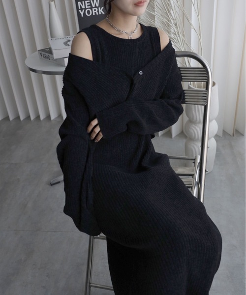 【よっちゃんママ】 ルネ Rene ベロア ニット ワンピース 34 黒 YENNA セットアップ 「ベロアニットワンピース＋ショートカーディガン