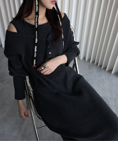 YENNA セットアップ 「ベロアニットワンピース＋ショートカーディガン