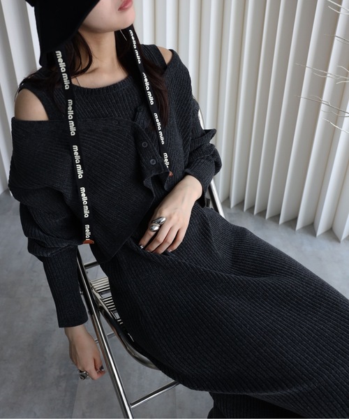 YENNA セットアップ 「ベロアニットワンピース＋ショートカーディガン